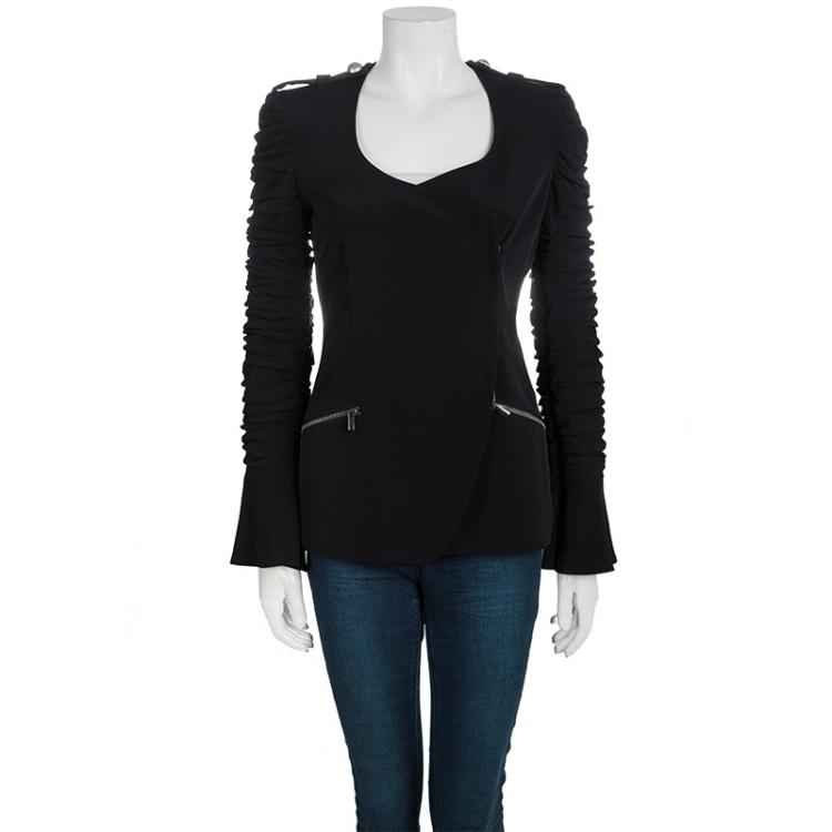 Pre Owned Giorgio Armani Black Ruched Sleeve Zip Detail Blazer S