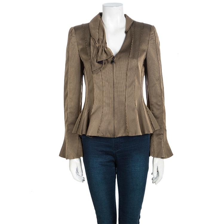 Pre Owned Giorgio Armani Brown Striped Draped Collar Detail Zip Front Jacket S