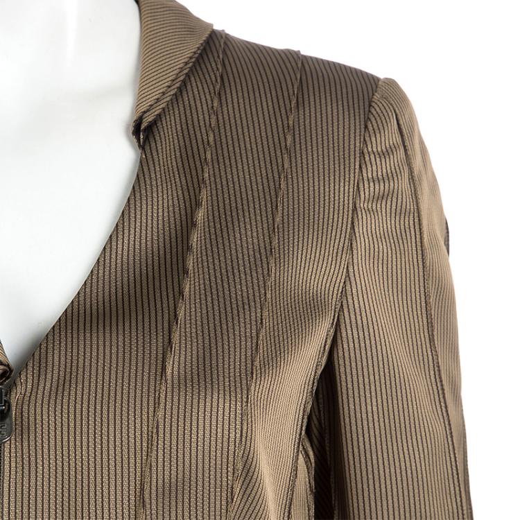 Pre Owned Giorgio Armani Brown Striped Draped Collar Detail Zip Front Jacket S