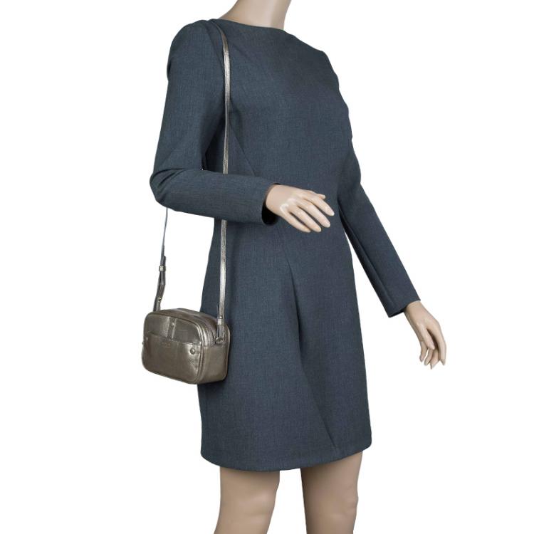 Pre Owned Giorgio Armani Metallic Gold Leather Weekend Crossbody Bag