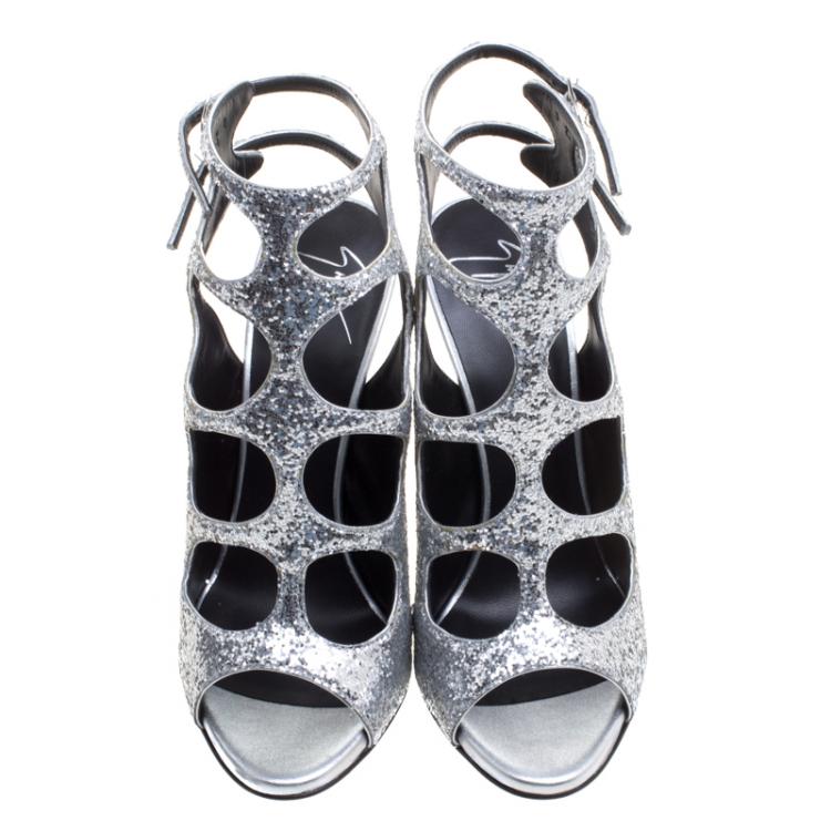 Pre Owned Giuseppe Zanotti Silver Glitter Cutout Ankle Strap Sandals Size 38.5