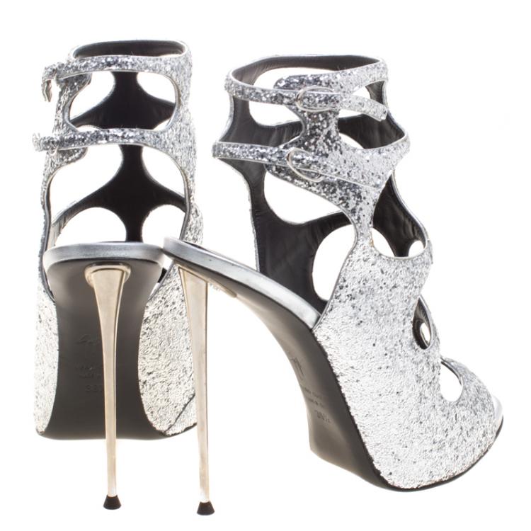 Pre Owned Giuseppe Zanotti Silver Glitter Cutout Ankle Strap Sandals Size 38.5