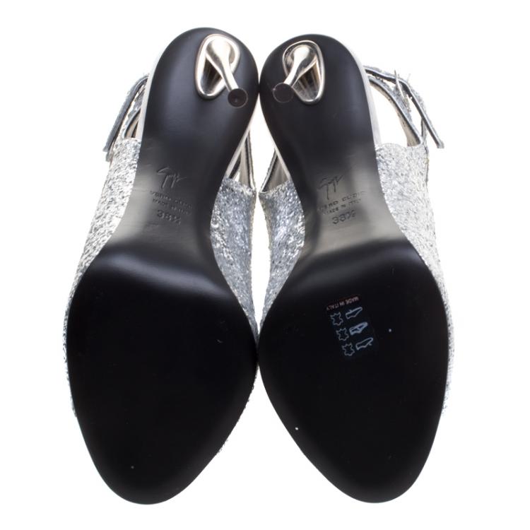 Pre Owned Giuseppe Zanotti Silver Glitter Cutout Ankle Strap Sandals Size 38.5