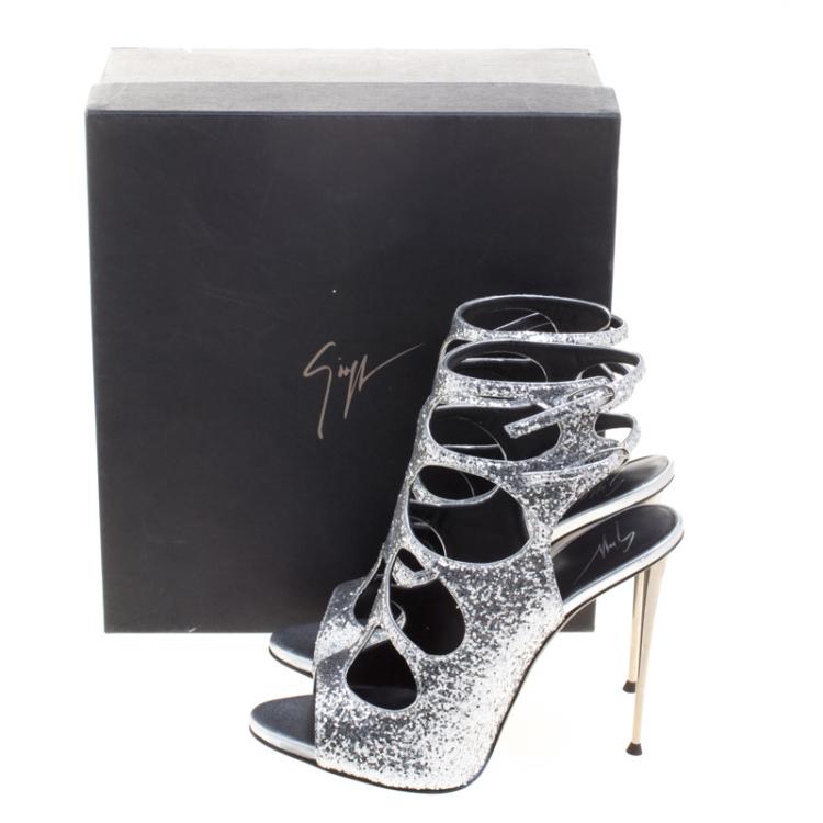 Pre Owned Giuseppe Zanotti Silver Glitter Cutout Ankle Strap Sandals Size 38.5
