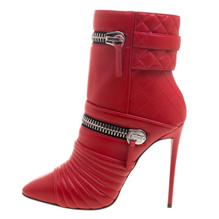 Pre Owned Giuseppe Zanotti Red Quilted Leather Double Zip Accent Boots Size 37