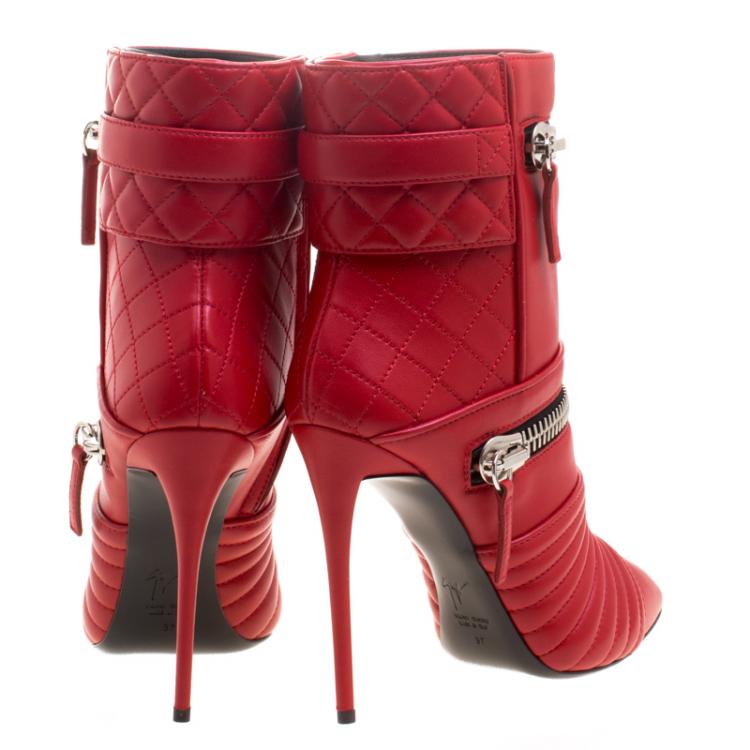 Pre Owned Giuseppe Zanotti Red Quilted Leather Double Zip Accent Boots Size 37
