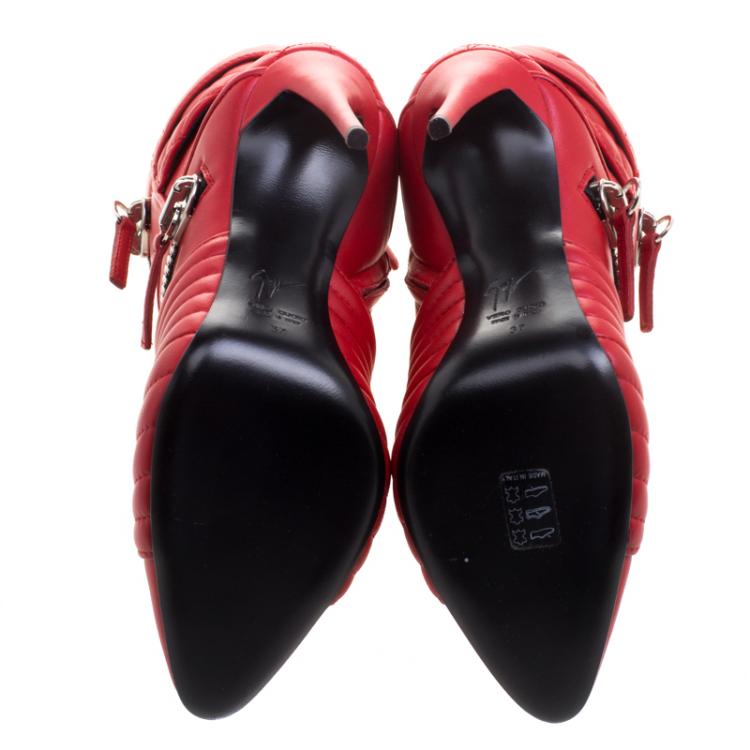 Pre Owned Giuseppe Zanotti Red Quilted Leather Double Zip Accent Boots Size 37