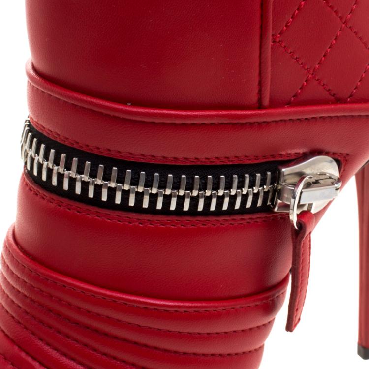 Pre Owned Giuseppe Zanotti Red Quilted Leather Double Zip Accent Boots Size 37