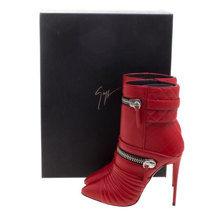 Pre Owned Giuseppe Zanotti Red Quilted Leather Double Zip Accent Boots Size 37