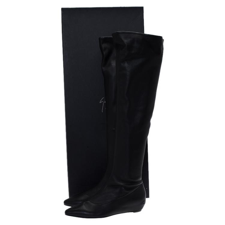 مملوكة مسبقًا Giuseppe Zanotti Black Leather Pointed Wedge Over the Knee Boots Size 40