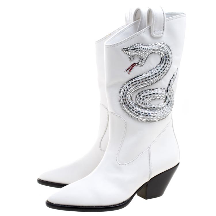 Pre Owned Giuseppe Zanotti White Snake Embellished Leather Guns 55 Cowboy Boots Size 38.5