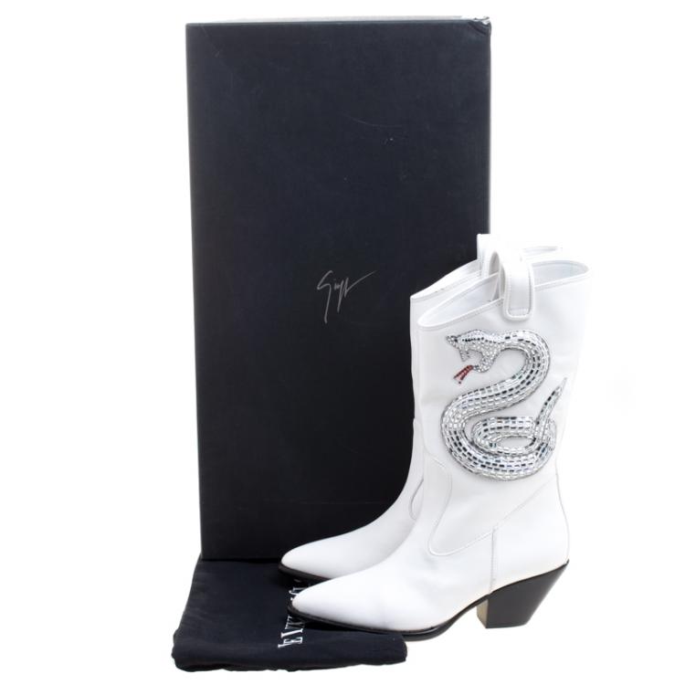 Pre Owned Giuseppe Zanotti White Snake Embellished Leather Guns 55 Cowboy Boots Size 38.5