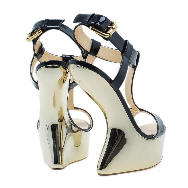 Pre Owned Giuseppe Zanotti Black Patent T Strap Platform Wedge Sandals Size 37