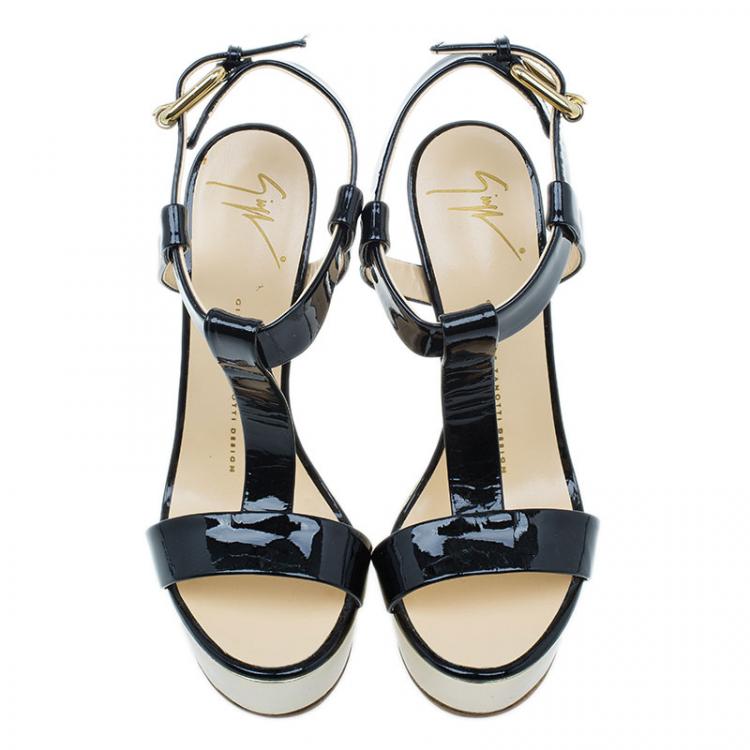 Pre Owned Giuseppe Zanotti Black Patent T Strap Platform Wedge Sandals Size 37