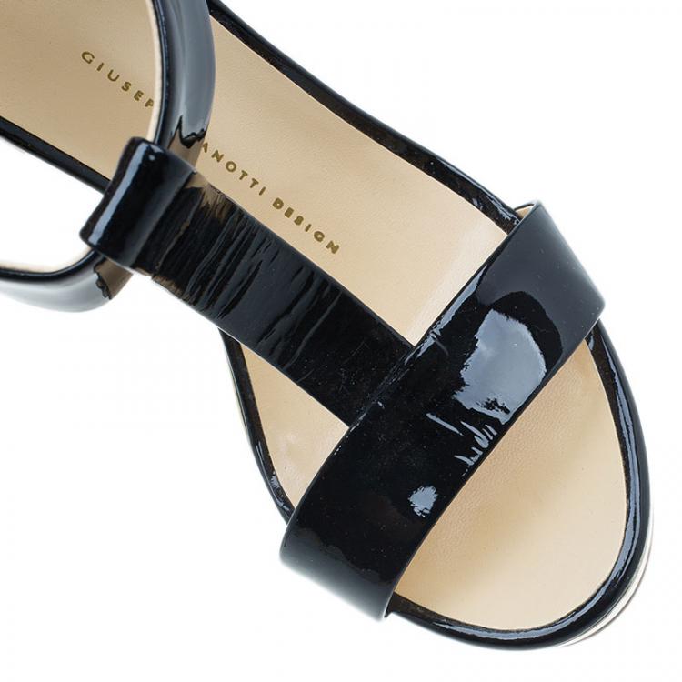 Pre Owned Giuseppe Zanotti Black Patent T Strap Platform Wedge Sandals Size 37