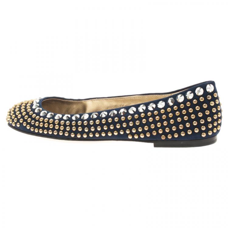 Pre Owned Giuseppe Zanotti Navy Blue Suede Studded Ballet Flats Size 38
