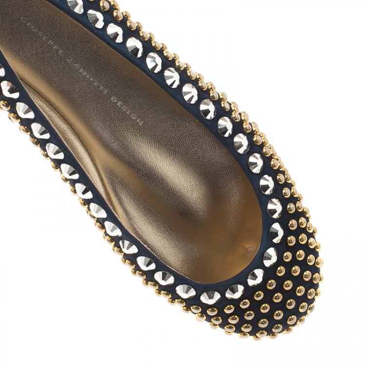 Pre Owned Giuseppe Zanotti Navy Blue Suede Studded Ballet Flats Size 38