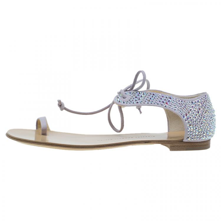 Pre Owned Giuseppe Zanotti Beige Crystal Embellished Toe Ring Flat Sandals Size 38