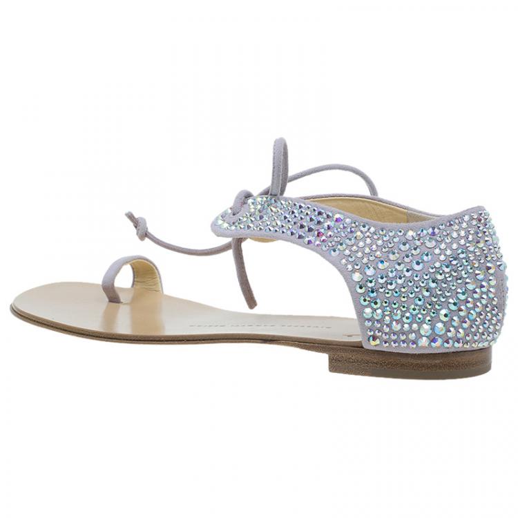 Pre Owned Giuseppe Zanotti Beige Crystal Embellished Toe Ring Flat Sandals Size 38