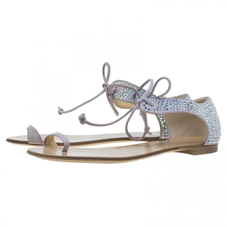 Pre Owned Giuseppe Zanotti Beige Crystal Embellished Toe Ring Flat Sandals Size 38
