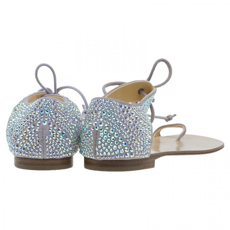 Pre Owned Giuseppe Zanotti Beige Crystal Embellished Toe Ring Flat Sandals Size 38