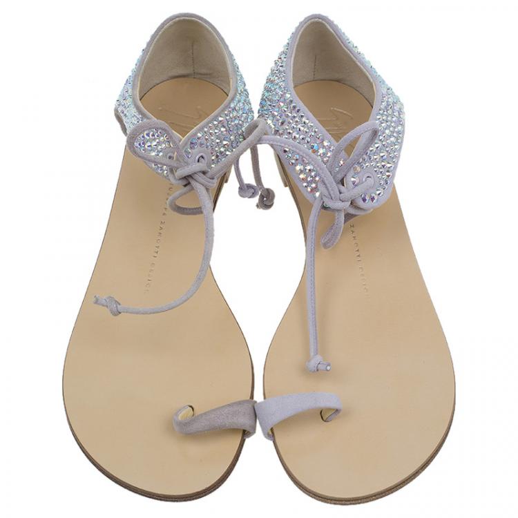 Pre Owned Giuseppe Zanotti Beige Crystal Embellished Toe Ring Flat Sandals Size 38