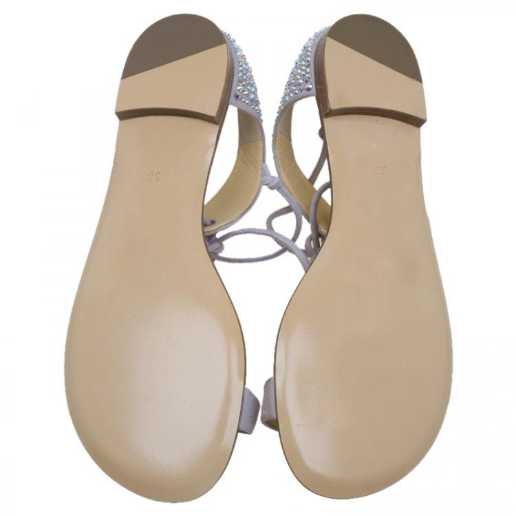 Pre Owned Giuseppe Zanotti Beige Crystal Embellished Toe Ring Flat Sandals Size 38