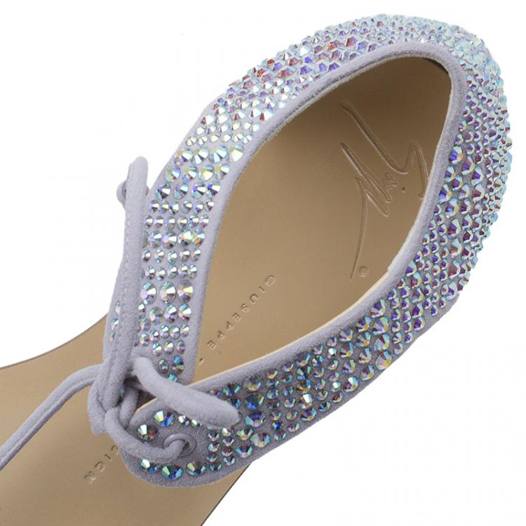 Pre Owned Giuseppe Zanotti Beige Crystal Embellished Toe Ring Flat Sandals Size 38