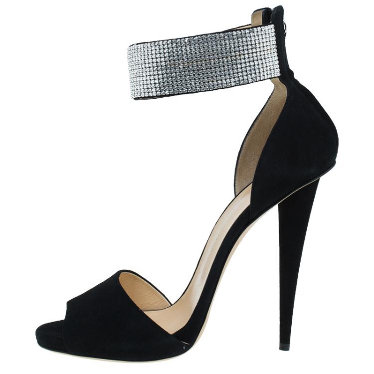 Pre Owned Giuseppe Zanotti Black Suede Crystal Embellished Ankle Strap Sandals Size 41