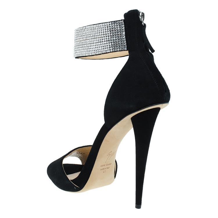 Pre Owned Giuseppe Zanotti Black Suede Crystal Embellished Ankle Strap Sandals Size 41
