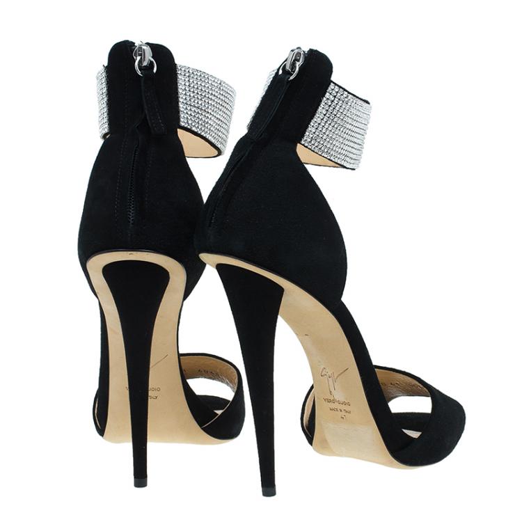 Pre Owned Giuseppe Zanotti Black Suede Crystal Embellished Ankle Strap Sandals Size 41