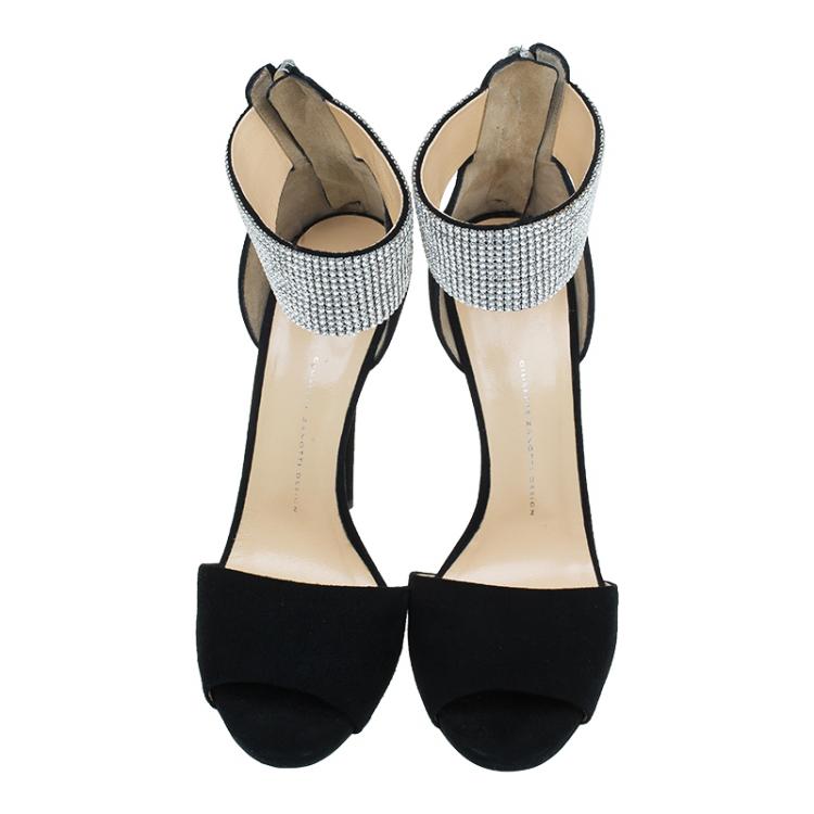 Pre Owned Giuseppe Zanotti Black Suede Crystal Embellished Ankle Strap Sandals Size 41