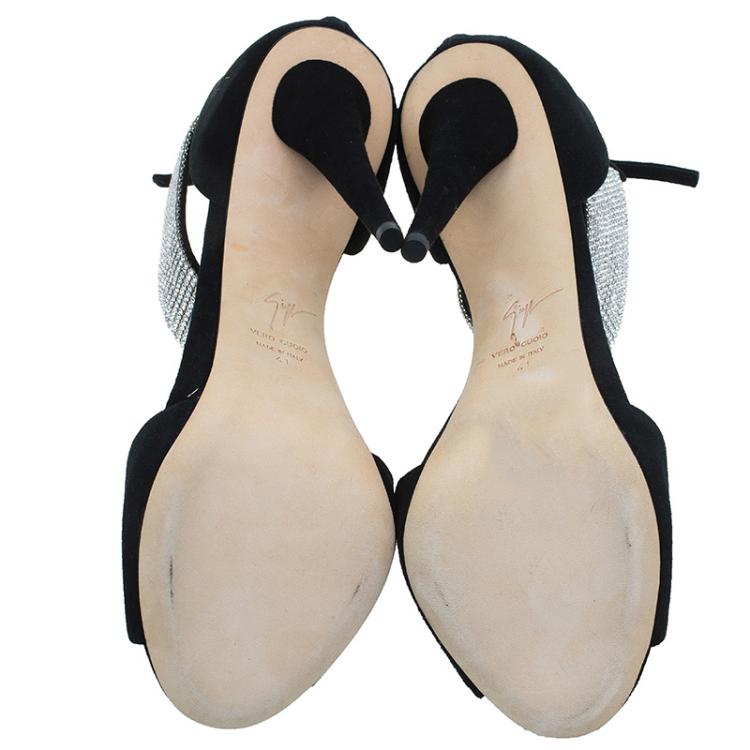 Pre Owned Giuseppe Zanotti Black Suede Crystal Embellished Ankle Strap Sandals Size 41