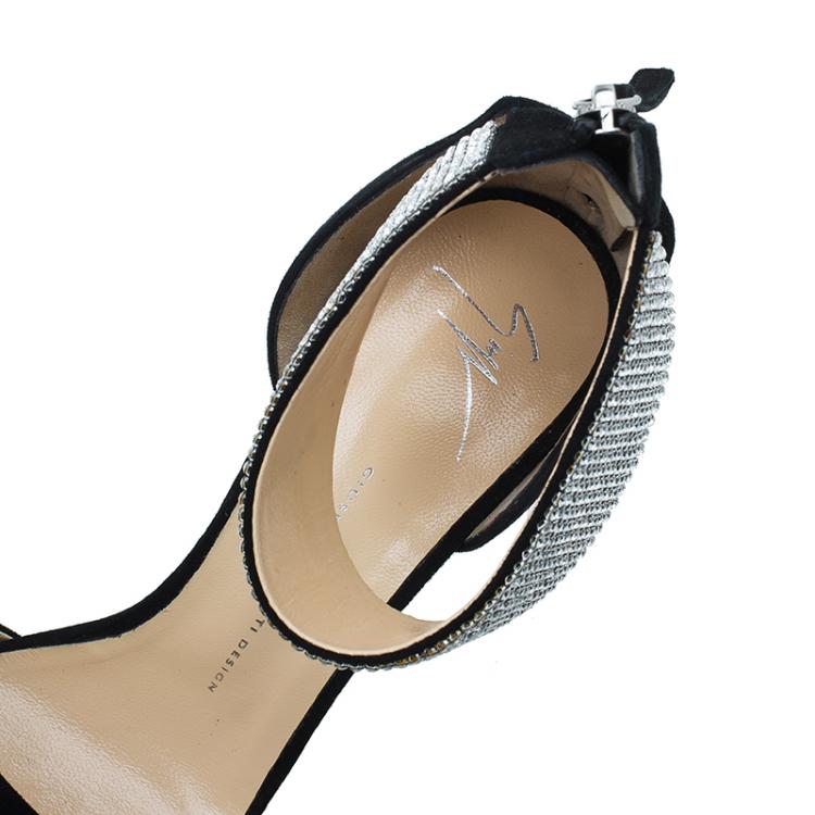 Pre Owned Giuseppe Zanotti Black Suede Crystal Embellished Ankle Strap Sandals Size 41