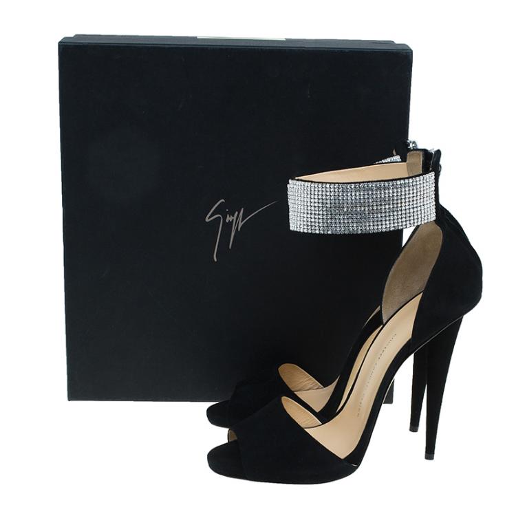 Pre Owned Giuseppe Zanotti Black Suede Crystal Embellished Ankle Strap Sandals Size 41