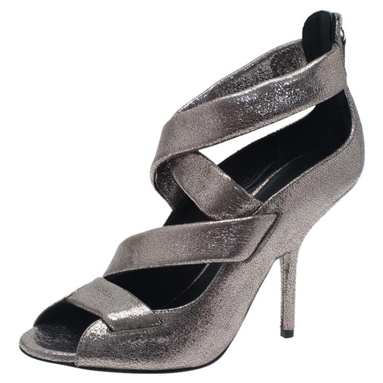 Pre Owned Giuseppe Zanotti Silver Metallic Leather Strappy Sandals Size 39