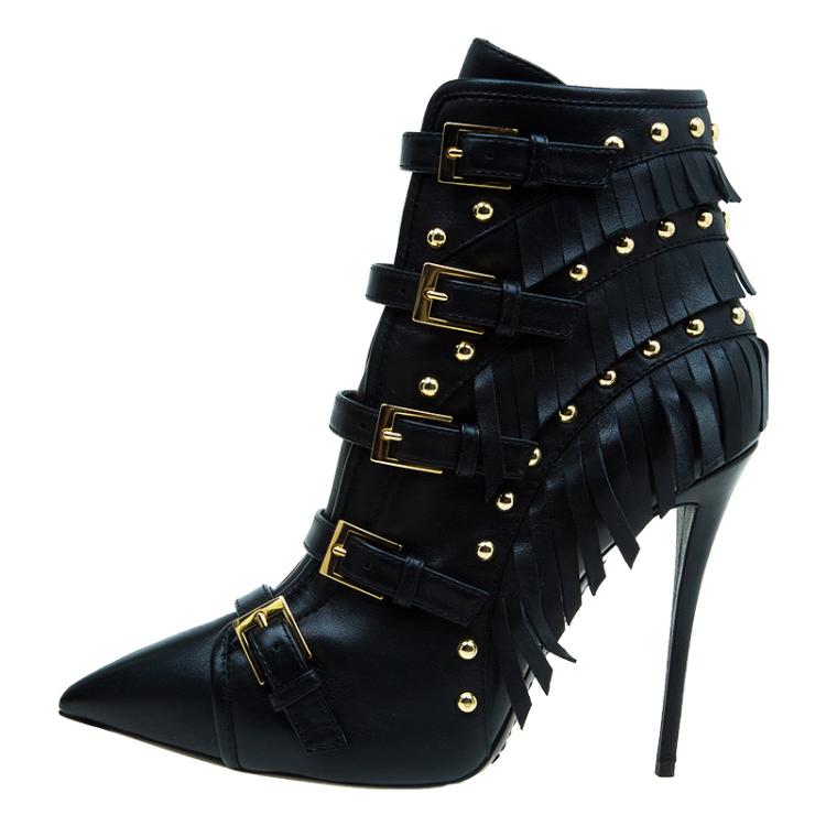 Pre Owned Giuseppe Zanotti Black Leather Yvette Fringe Studded Leather Ankle Boots Size 40
