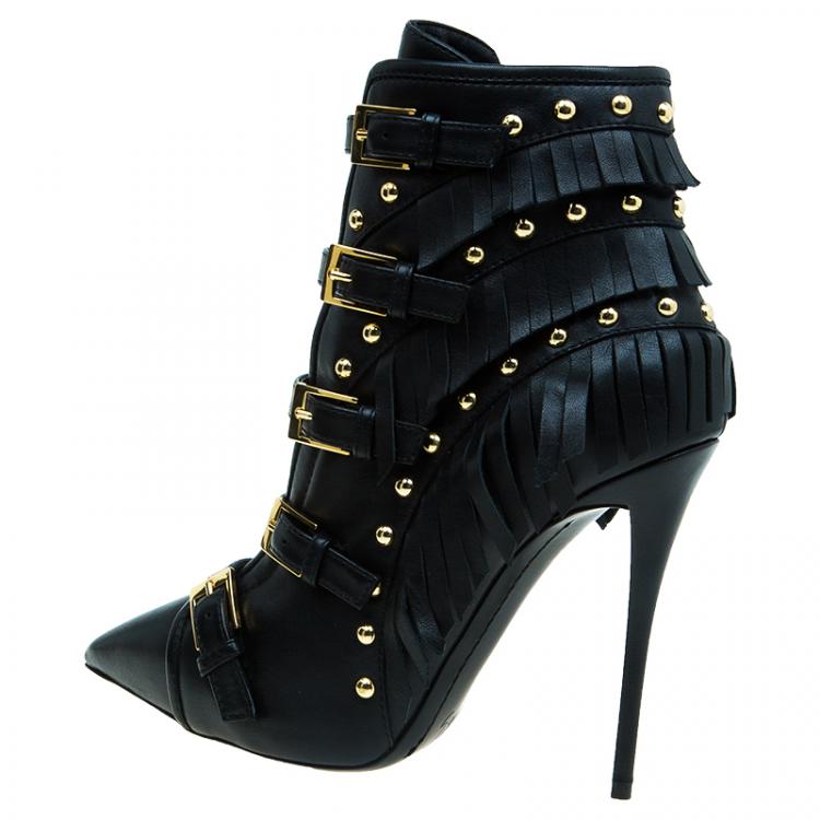 Pre Owned Giuseppe Zanotti Black Leather Yvette Fringe Studded Leather Ankle Boots Size 40