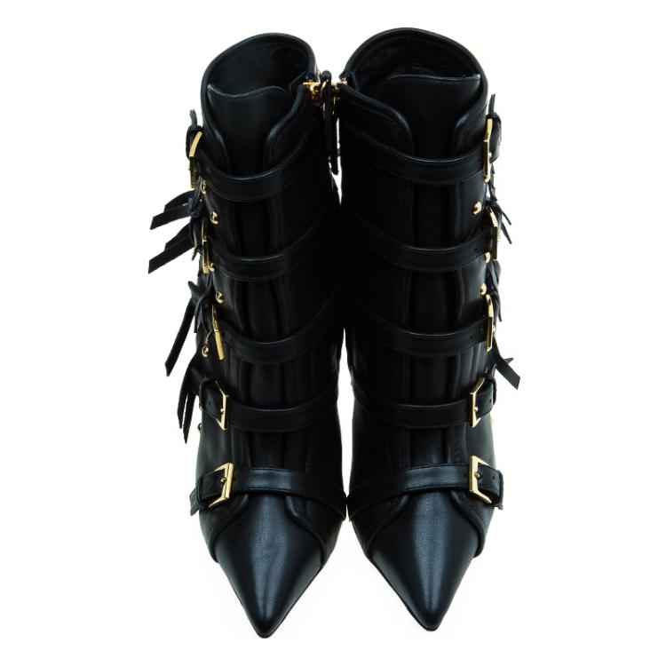 Pre Owned Giuseppe Zanotti Black Leather Yvette Fringe Studded Leather Ankle Boots Size 40