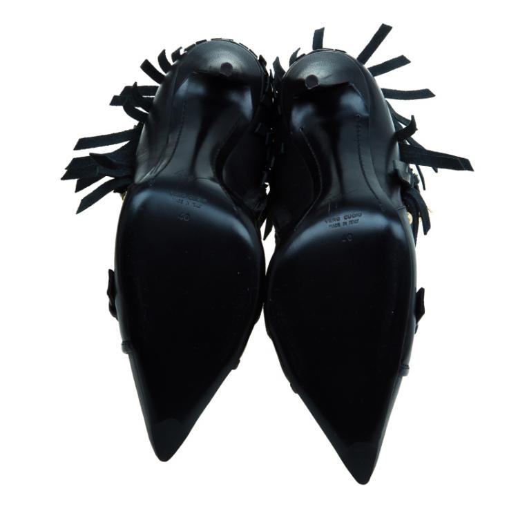 Pre Owned Giuseppe Zanotti Black Leather Yvette Fringe Studded Leather Ankle Boots Size 40