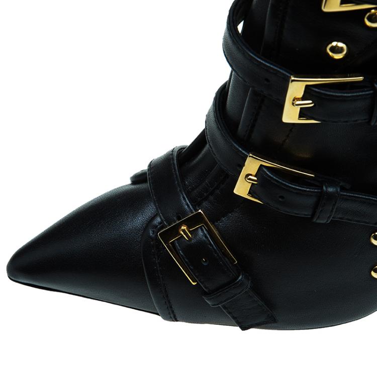 Pre Owned Giuseppe Zanotti Black Leather Yvette Fringe Studded Leather Ankle Boots Size 40