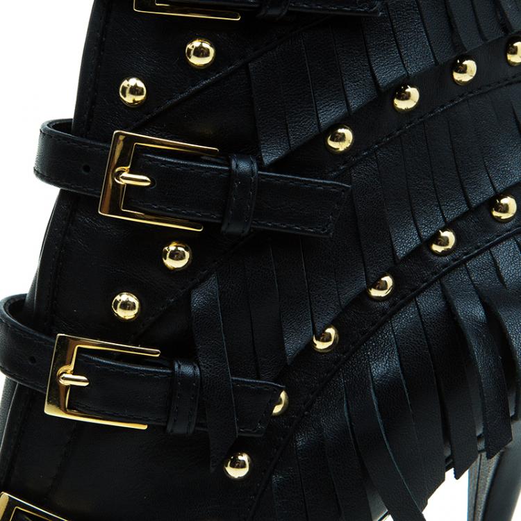 Pre Owned Giuseppe Zanotti Black Leather Yvette Fringe Studded Leather Ankle Boots Size 40