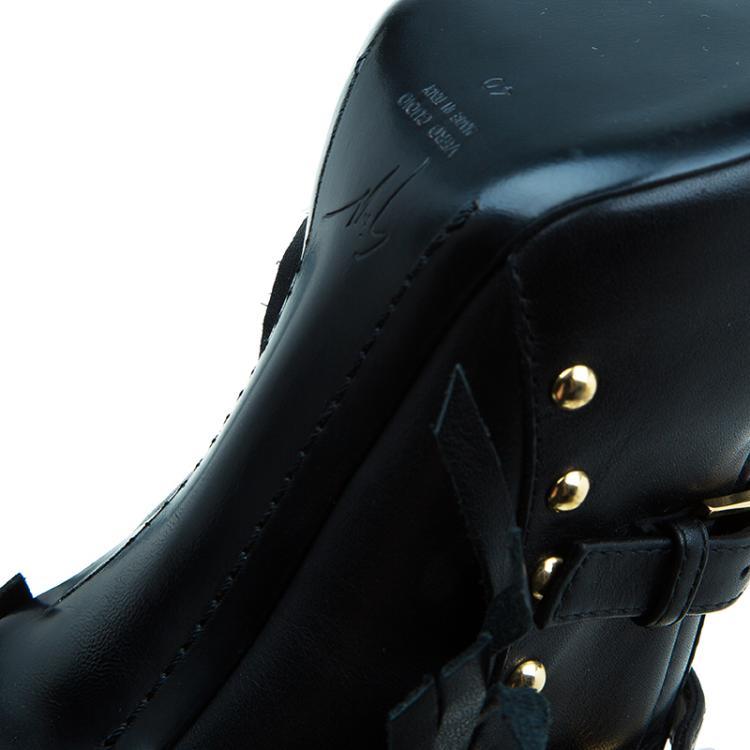 Pre Owned Giuseppe Zanotti Black Leather Yvette Fringe Studded Leather Ankle Boots Size 40