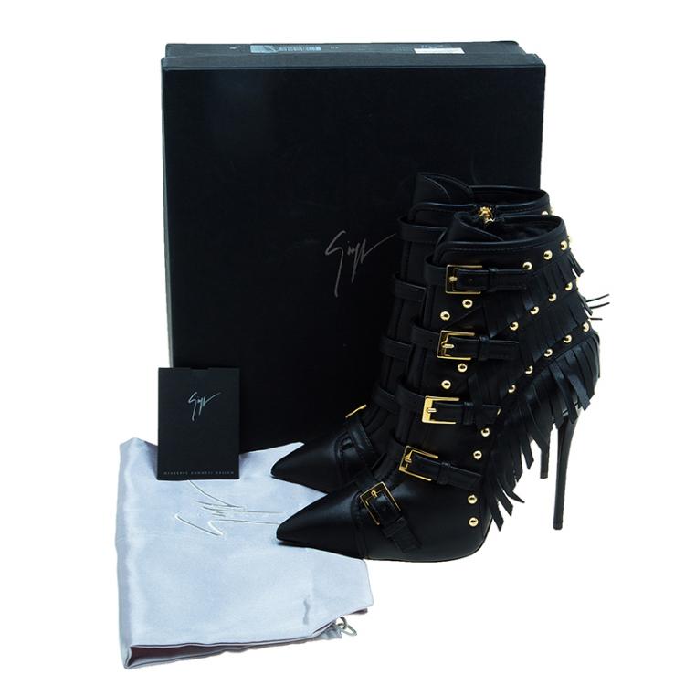 Pre Owned Giuseppe Zanotti Black Leather Yvette Fringe Studded Leather Ankle Boots Size 40