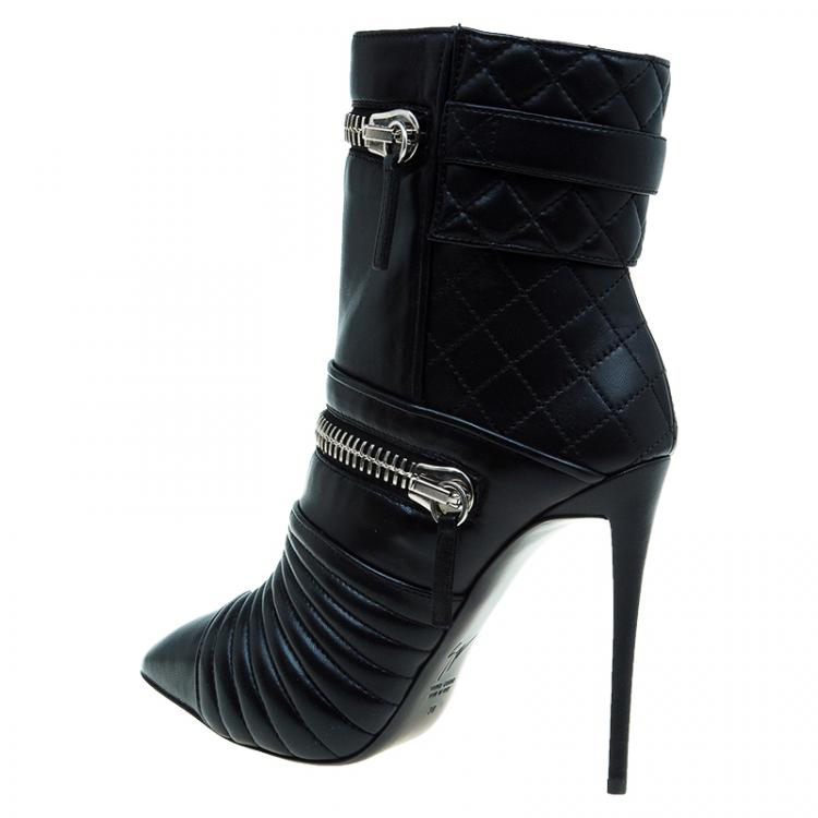 Pre Owned Giuseppe Zanotti Black Quilted Leather Double Zip Accent Booties Size 38