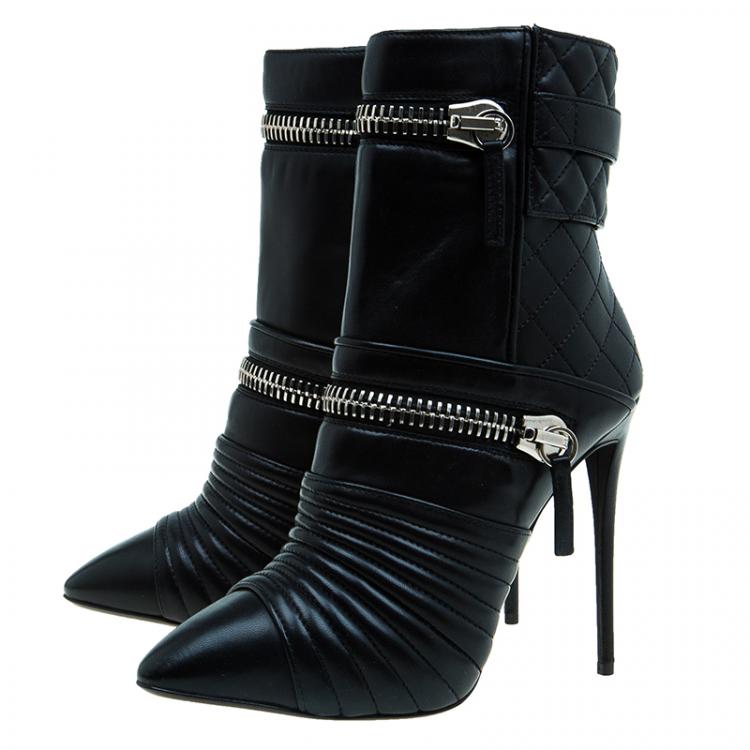 Pre Owned Giuseppe Zanotti Black Quilted Leather Double Zip Accent Booties Size 38