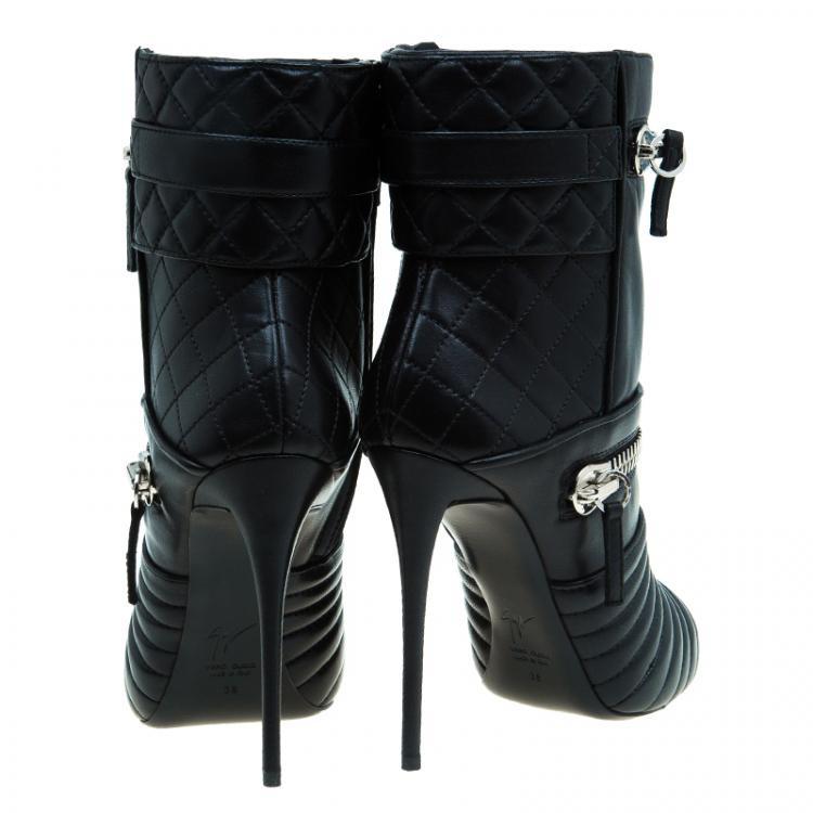 Pre Owned Giuseppe Zanotti Black Quilted Leather Double Zip Accent Booties Size 38