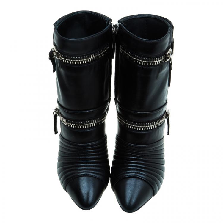 Pre Owned Giuseppe Zanotti Black Quilted Leather Double Zip Accent Booties Size 38