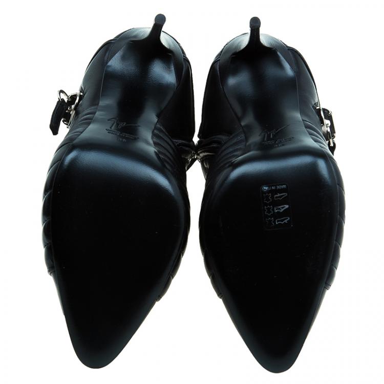 Pre Owned Giuseppe Zanotti Black Quilted Leather Double Zip Accent Booties Size 38