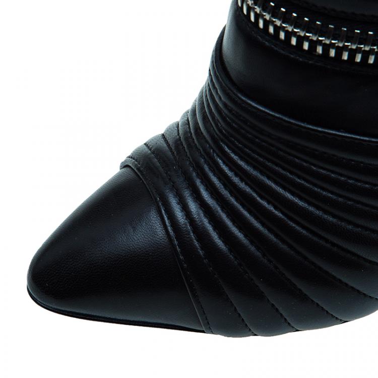 Pre Owned Giuseppe Zanotti Black Quilted Leather Double Zip Accent Booties Size 38